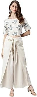Janasya Women's Cream Cotton Flex Floral Print Crop Top with Palazzo