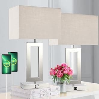 Lamps for Living Room Set of 2 Touch Control Table Lamps with 2 USB Ports 3-Way Dimmable Bedside Nightstand Lamps Bedrooms Brushed Nickel Lamp for End Table Contemporary Lamps with Beige/Grey Shades