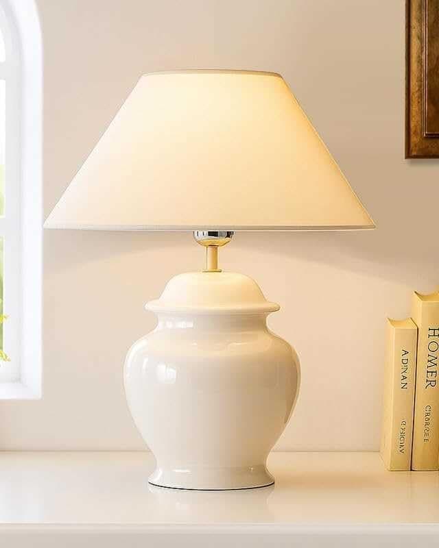 Homesake Ceramic Pot Shaped Base White Table Lamp with White Cone Shade, LED Bulb