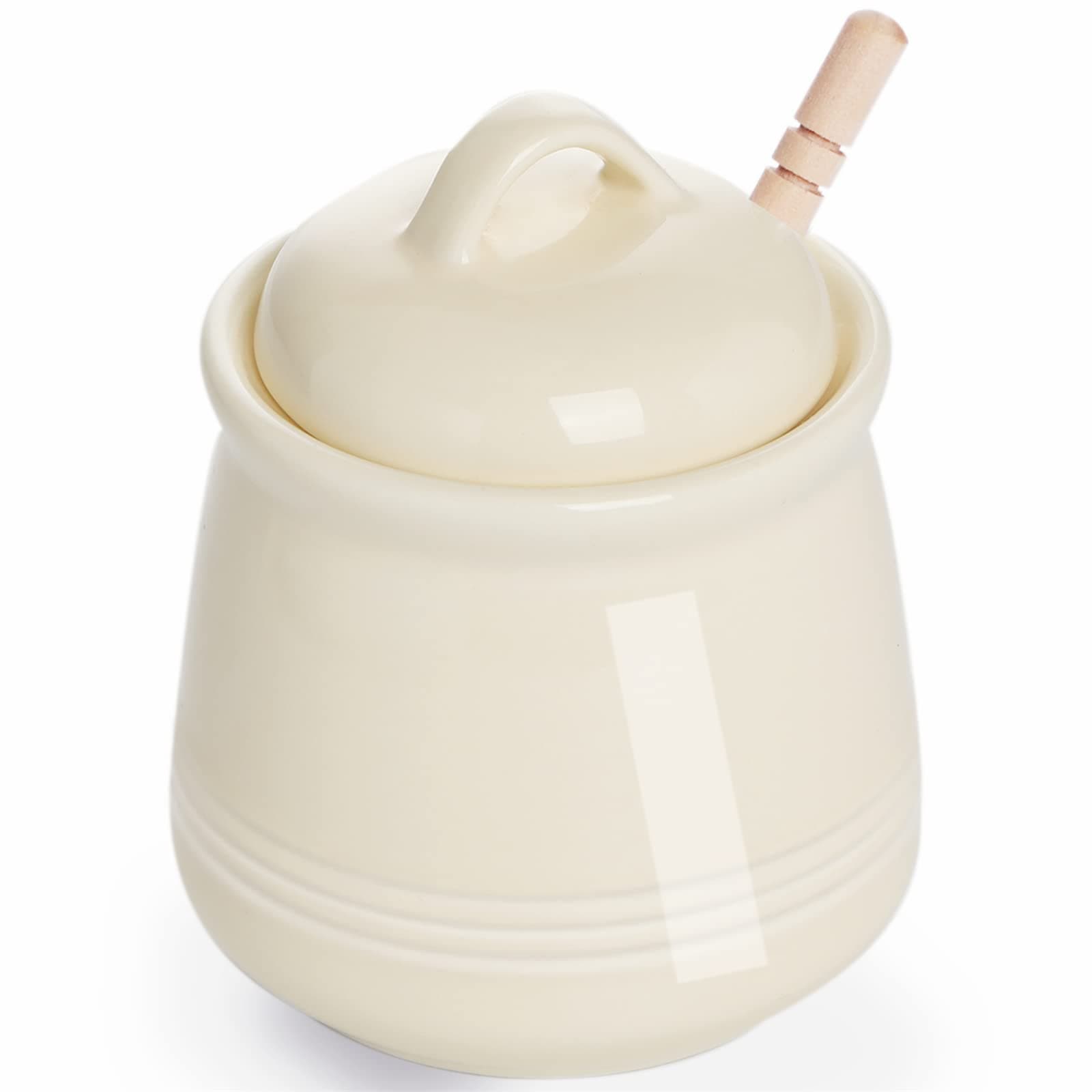 HAOTOP Ceramic Honey pot with Lid and Honey Dipper,Porcelain Honey Jar Easy to Clean and Dishwasher Safe,12oz (Beige)
