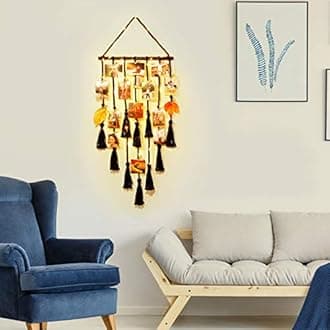 Homecor Hanging Photo Display - Black Macrame Hanging Boho Wall Decor with Remote Light, 30 Clips for Picture Frame Collage, Bedroom Apartment Home Decor