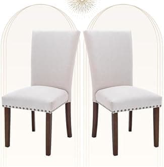 COLAMY Upholstered Parsons Dining Chairs Set of 2, Fabric Dining Room Kitchen Side Chair with Nailhead Trim and Wood Legs - Beige