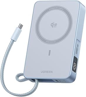 UGREEN MagFlow Qi2 25W Certified Power Bank (10000mAh・30W) with Built-in USB-C Cable for iPhone 17-16 Series, 25W Magsafe Compatible, Magnetic Wireless Fast Charging, Display, 25W Wireless Charging
