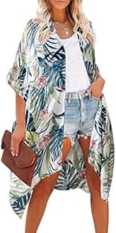 Moss Rose Women's Beach Cover up Swimsuit Kimono Cardigan with Bohemian Floral Print - white - One Size