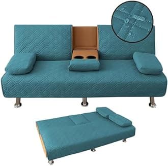 4-Piece Waterproof Click Clack Sofa Bed Cover - 3 Seater, Quilted Convertible Folding Futon Cover with 2 Removable Armrests and 1 Cup Holder (Teal)
