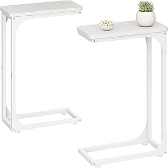 QEEIG Narrow C Shaped Side Table Set of 2 Living Room Sets Slim Couch Tray Tables Skinny Thin Small Modern 7 inch Width, White (017-18WW)