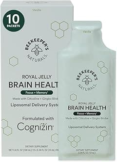 Nootropic Brain supplement by Beekeeper's Naturals, 500 mg Citocoline, Ginkgo Biloba, Bacopa Monnieri & Royal Jelly, Supports Focus & Memory, Easier Absorption, Plus a Tasty Vanilla Flavor, 10ct