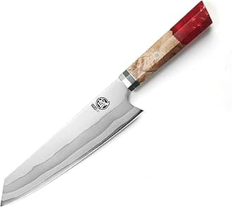 MITSUMOTO SAKARI 8 inch Japanese Kiritsuke Knife - Hand Forged 440C Damascus Steel, Professional Kitchen Chef Knives with Red Pomegranate Handle & Sandalwood Box