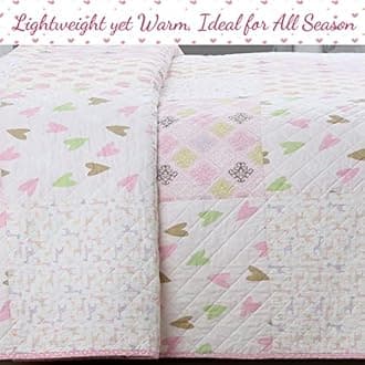 Cozy Line Home Fashions Pink Blue Green Heart Polka Dots Girl 100% Cotton Reversible Quilt Bedding Set, All-Season Coverlet, Bedspreads (Helaine Patchwork, Twin-2 Piece)