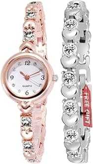 Acnos® Premium Analog Rose Gold White Diamond Heart Shape Bangle with Silver Heart Bracelet Women's Watch (Pack of 2), Rosegold/D-White-2, strap