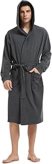 HOLOVE Men's Pure Cotton Bathrobe Lightweight Kimono and Hooded Spa Robes Soft Sleepwear