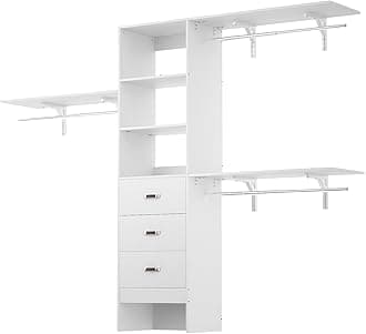iSunirm 8FT Closet System, 96'' Closet Organizer System with 3 Hanging Rods, Wall Mount Bedroom Wardrobe with 3 Drawers Walk-in Closet, Adjustable Cloth Garment Rack from 5 to 8FT (Cut to Fit), White