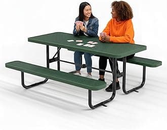 Commercial Heavy-Duty Metal Picnic Table - ADA Compliant, Adjustable Seats, Umbrella Hole (Green, 6' Rectangular, Punched Steel)
