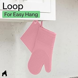 Heat and Slip Resistant 4 Piece Silicone Oven Mitt and Trivets Set, Waterproof, Cotton Lined Gloves, BPA-Free, Long Cooking Mitts and Trivet Mats, Kitchen Potholder Sets for Pans, Pink