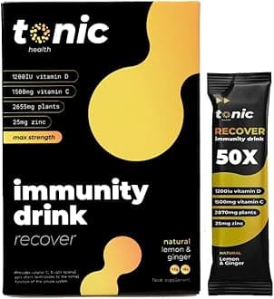 Tonic High Dose Immunity Drink, Immune Booster Sachets, Multivitamins High Strength Mix of Vitamins C, D, Zinc & Plant Extracts, for Health & Energy Boost - Lemon & Ginger (50 Count, Pack of 1)