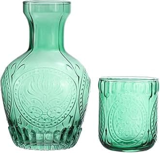 Retro Relief Glass Bedside Night Water Carafe with Tumbler Glass, Pitcher And Cup Night Set-Green