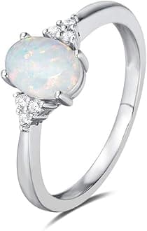 FANCIMEMothers Day Gift FANCIME Created Opal Rings Sterling Silver 4 prong Halo White Opal Cubic Zirconia Engagement Wedding Ring Fine Jewelry for Women Girls