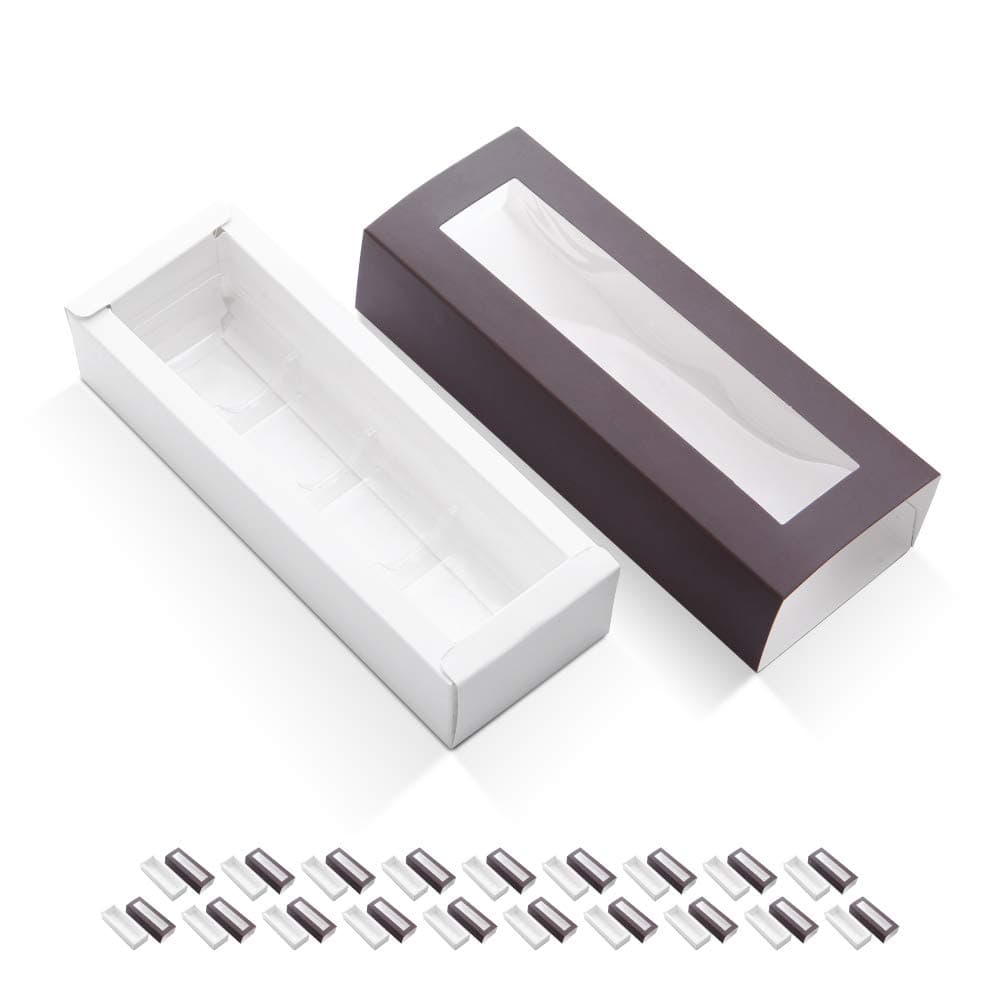20 Truffle Boxes, Chocolate Boxes, Candy Box Packaging with 4-Piece Plastics Tray（Tray Size with 5.75x1.25 Inches), Pull Out Packing with Clear Window Sleeves, Dark Brown