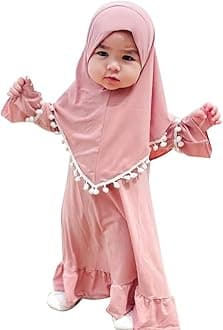 AWIBMK Baby Girls Two-Piece Abaya Dubai Turkey Prayer Maxi Dress + Full Cover Hijab Muslim Long Sleeve Robe Islamic Clothing