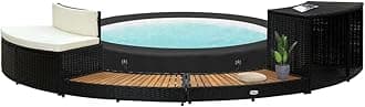 Half Round Spa Surround Poly Rattan,Outdoor Massage Hot Tub Frame with Solid Acacia Wood Steps and Storage Compartment for Garden Backyard Swimming Pool Surround 113.8"x48.8"x22"/Black -AA