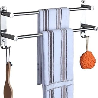 Adjustable Towel Rail 2-Tier Bath Towel Rack SUS 304 Stainless Steel Towel Shelves with Hooks Wall Mounted Towel Holder Towel Bar for Kitchen Bathroom 49-90CM, Chrome