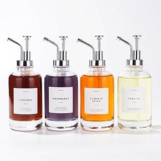 MoliMoli Coffee Syrup Dispenser Set of 4 With Pump, Glass Bottle, Labels - for Coffee Bar, Maple Syrup - Silver