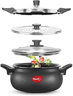Pigeon 5.3 Quart All-In-One Super Cooker - Steamer, Cooking Pot, Pressure Cooker, Dutch Oven - For All Cooktops - Quick Cooking of Meat, Soup, Rice, Beans, Idli & more, Hard Anodized, (5 Liters)