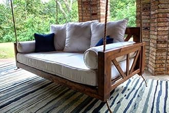 Solid Wood Hanging 2 Seater Swing Chair | Wooden Hammock Swing Sofa with Rope & Complete Accessories for Living Room, Indoor, Outdoor, Balcony & Garden | House Big Swings Jhula | Wheat Brown