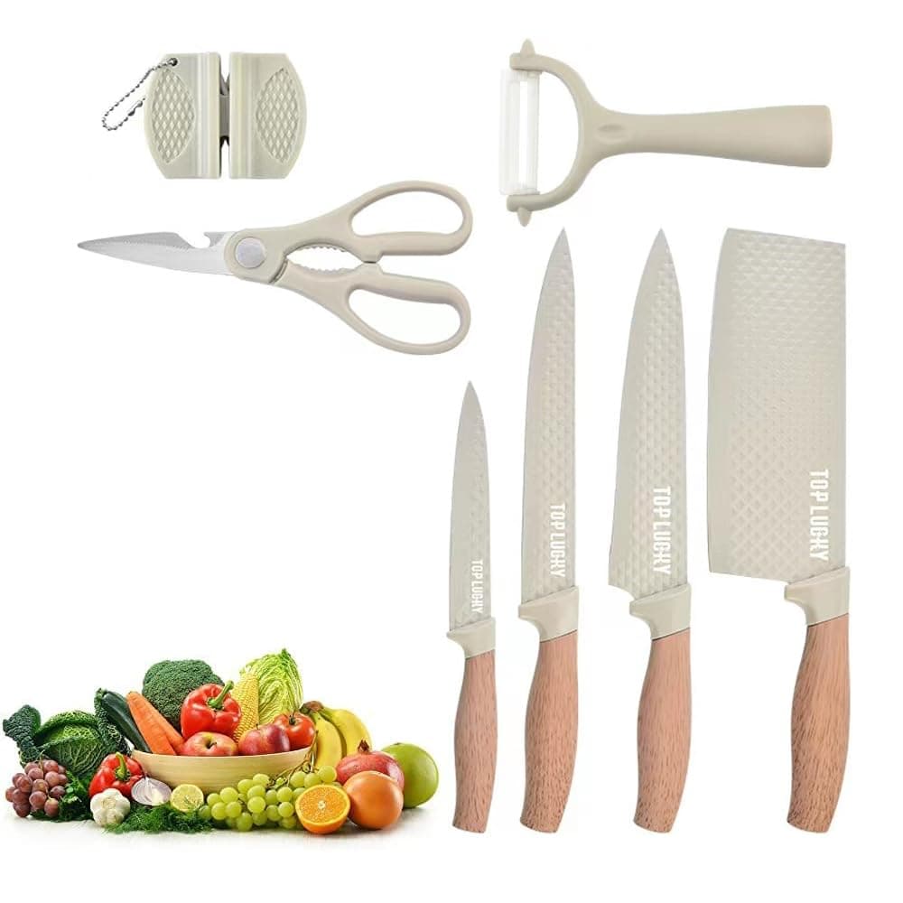 Premium Kitchen Knife Set, 8-Pieces Khaki Sharp Knife Set for Kitchen, Non-stick Non-slip Stainless Steel Chef Knife Set with Universal Knife Block Suitable for Home Restaurant (Khaki)