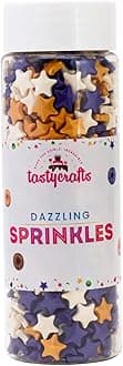 - Tastycrafts Edible Star Shaped Sugar Sprinkles for Cake Decoration | Star Candy for Cake Decor | for Cake Decorations & Toppings | for Dessert, Cakes, Cupcakes, Waffles, Cookies (Purple, White & Gold)
