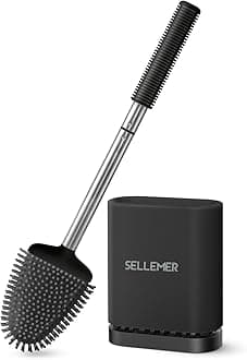 Sellemer Toilet Brush and Holder Set - Flexible Toilet Bowl Brush Head with Silicone Bristles, Compact Size for Storage and Organization, Ventilation Slots Base (1 Pack, Black)