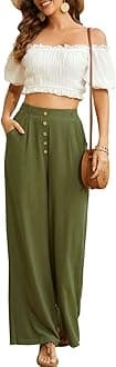 SVALIYWomen Flowy Pants Cotton Linen Wide Leg Palazzo Pants Long Lounge Slacks High Waist Button Trousers Pocket
