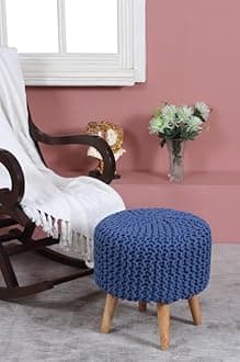 Sitting Solutions for Home - Wooden Frame Round Ottomans | Ottoman for Living Room | Bedroom, Study & Makeup Table | 16x16x18 Inch (Royal Blue-1)