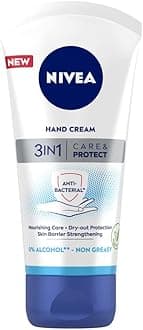 NIVEA 3 in 1 Care and Protect Anti-bacterial Hand Cream (75ml), Hand Cream for Dry and Tight Skin, Protective Mini Hand Cream, Hand Lotion with JoJoba Oil