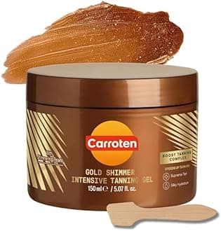 Carroten Gold Shimmer Tanning Gel | Browning Tan Accelerator | Non-Greasy, Water-Resistant with Carrot & Coconut Oil | Vitamin A & E For Moisture & Hydration | 5 Fl Oz + Spatula