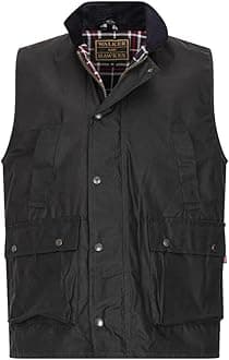 Walker and Hawkes Wax Winchester Gilet for Men – Water-Resistant Wax Cotton Bodywarmer with Corduroy Collar and Tartan Lining
