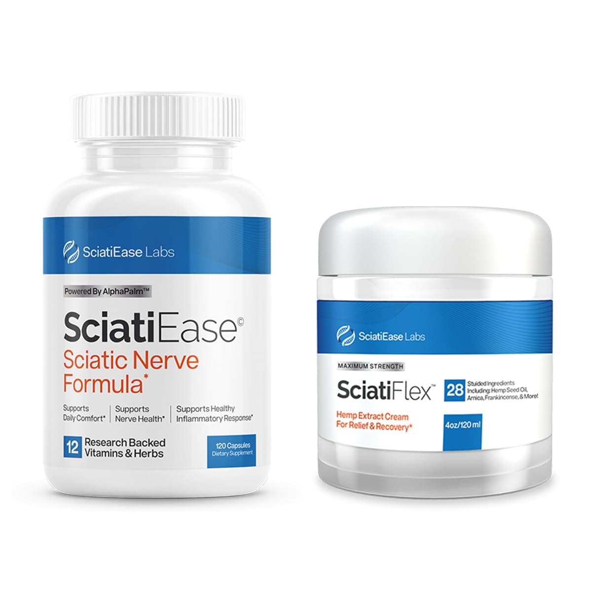 SciatiEase Sciatic Nerve Support Supplement Sciati Ease and SciatiFlex Bundle with Alpha Palm and Maximum Strength Sciatic Cream with Hemp and Arnica Extract