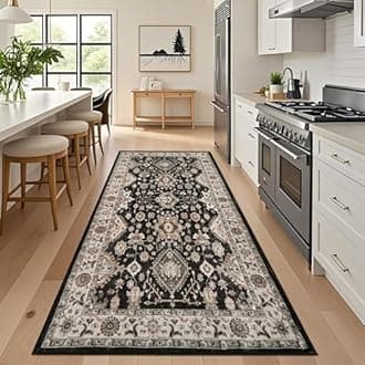 Washable Hallway Runner Rug 4x8: Non Slip Runner Rugs with Rubber Backing Soft Kitchen Rug Farmhouse Distressed Carpet Runner for Living Room Bedroom Bathroom (Black/Green, 4X8)