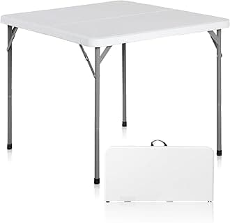 3 Foot Square Folding Card Table, Indoor Outdoor Portable Plastic Heavy Duty Fold-in-Half Puzzles Camping Picnic Party Table with Carrying Handle, White