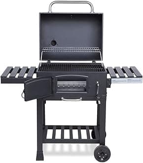CosmoGrill Outdoor XL Smoker Barbecue Charcoal Portable BBQ Grill, 2 Folding Side Table, Built-in Thermometer, Adjustable Charcoal Pan & Chimney, Wheels, Large Coal BBQ Smoker for Home Garden Cooking