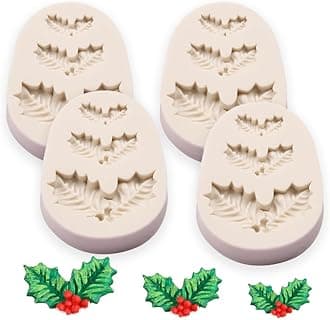 4Pcs Christmas Holly Leaves Silicone Molds for DIY Cake Fondant Biscuit Cookies Soap Sugar Pudding Chocolate Hard Candies Dessert Candle Decor