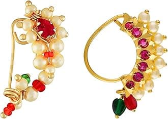 Small Size Traditional Maharashtrian Nose ring for women without piercing Pearl Gold Plated Nath Clip On Nose Ring For Girls (Pack of 2)