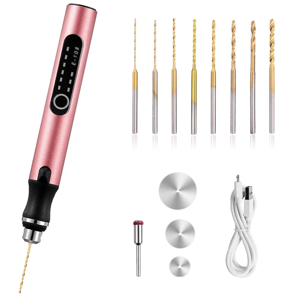 3-Speed Cordless Mini Drill Pen with 8 Small Bits, Rechargeable Electric Hand Pin Vise, Resin Set for Jewelry Making, Plastic, Wood, Keychains DIY (Pink)