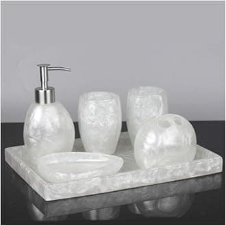 Modern Style Bathroom Accessories Set Resin Bath Ensemble Includes Toothbrush Holder, 2 Tumblers, Liquid Soap Dispenser, Soap Dish, Snowy Pearl White,with Right Angle Tray