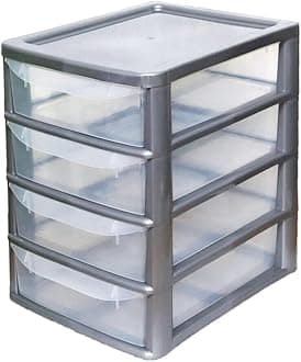 4 Drawers Storage Unit, A4 Plastic Storage Drawers, Desktop Table top Organiser Storage Tower Unit for Home, School, Office, Bedroom & Living Room Sliver Height 38cm, Width 28cm, Depth 35cm