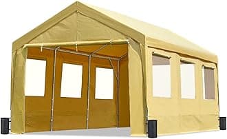 ADVANCE OUTDOOR 12x20 ft Car Canopy Garage Heavy Duty Carport Boat Shelter Party Tent, Adjustable Peak Height from 9.5ft to 11ft, with Removable Window Sidewalls and Doors, Beige