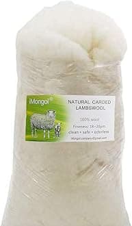 iMongol Carded Lambs Wool Stuffing Batting for Needle Felting, Knitted Crafts, Bright Creations, Pillow Filler, Stuffed Animals, Cushions,Super Clean Fine, Natural White(4oz)