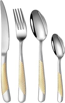 Mirror Finish Gold Plated Stainless Steel Flatware Set - Copper Silverware Rose Gold Cutlery [Dinner Fork, Tea Spoon, Salad Spoon, Knife] (Golden DOT, 4)