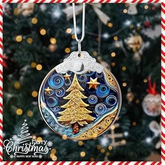 Quilling Christmas Ornament 2025, Christmas Tree Round Shape, 4 Inch Acrylic Ornament Art, Holiday Decoration, Car Interior Decor, Holiday Ornaments (Quilling Christmass Tree)