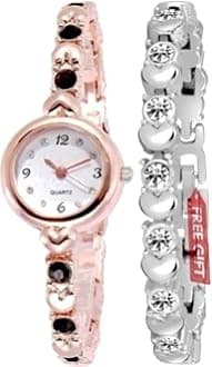 AcnosPremium Girl's Special Quality Different Heart Shape Bangle Analog Watch with Rose Gold Bracelet - Pack of 2